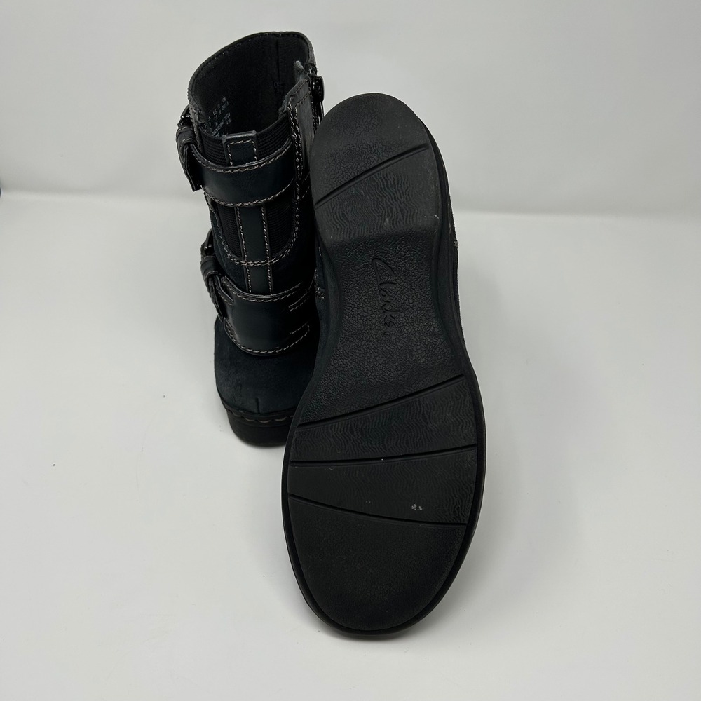 Clarks Artisan Black Suede Leather Moto Boots Buckle MidCalf Side Zip Womens 7.5 - Picture 11 of 14